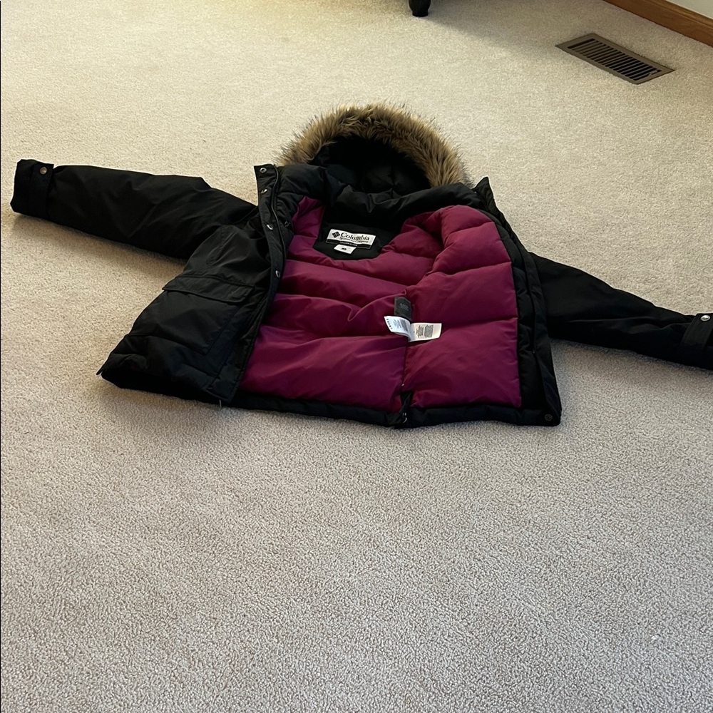 Columbia Black and Purple Kids Puffer Jacket with Faux Fur Hood